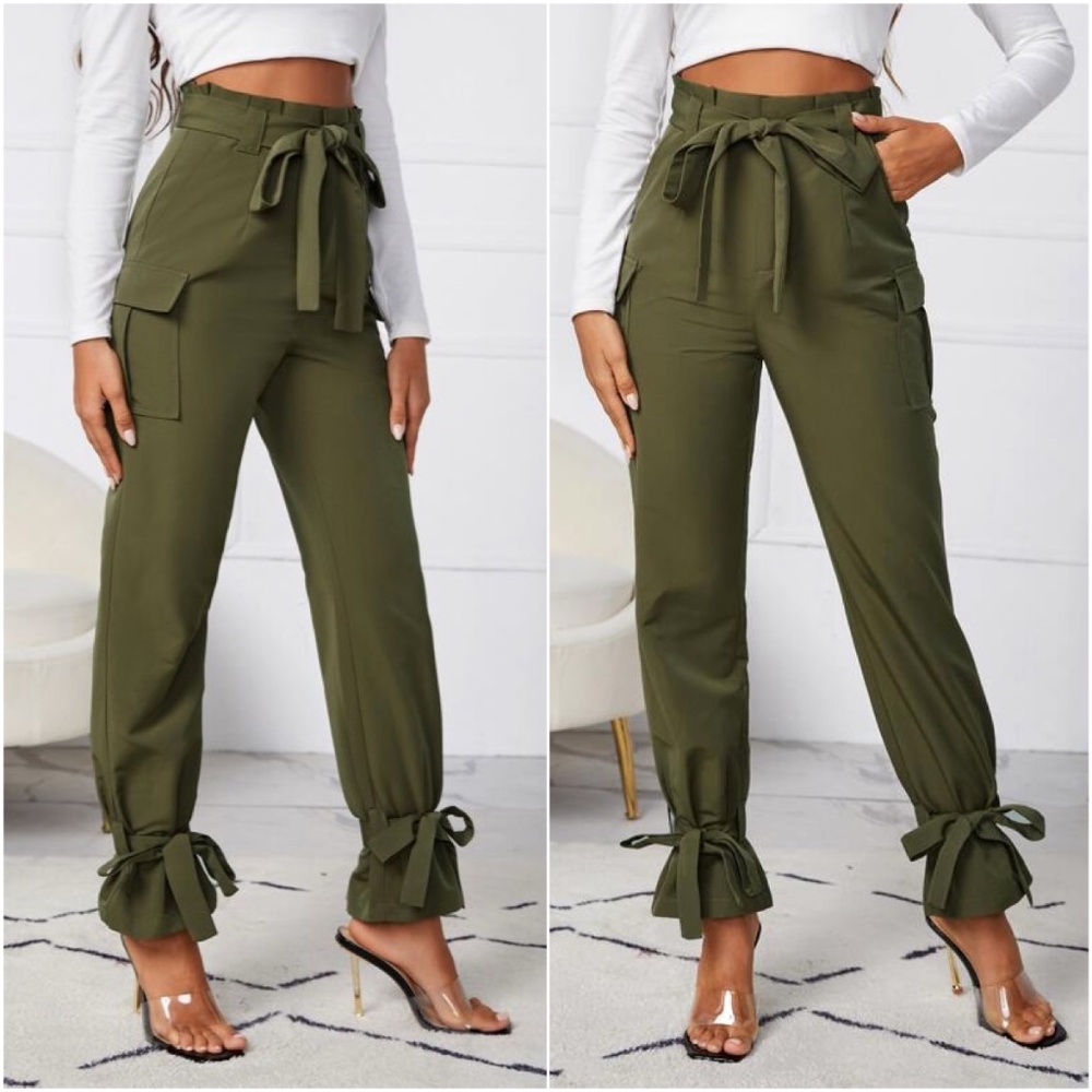 Olive Green High Waist Tie Ankle Pants Lounge Work office - Picture 1 of 2